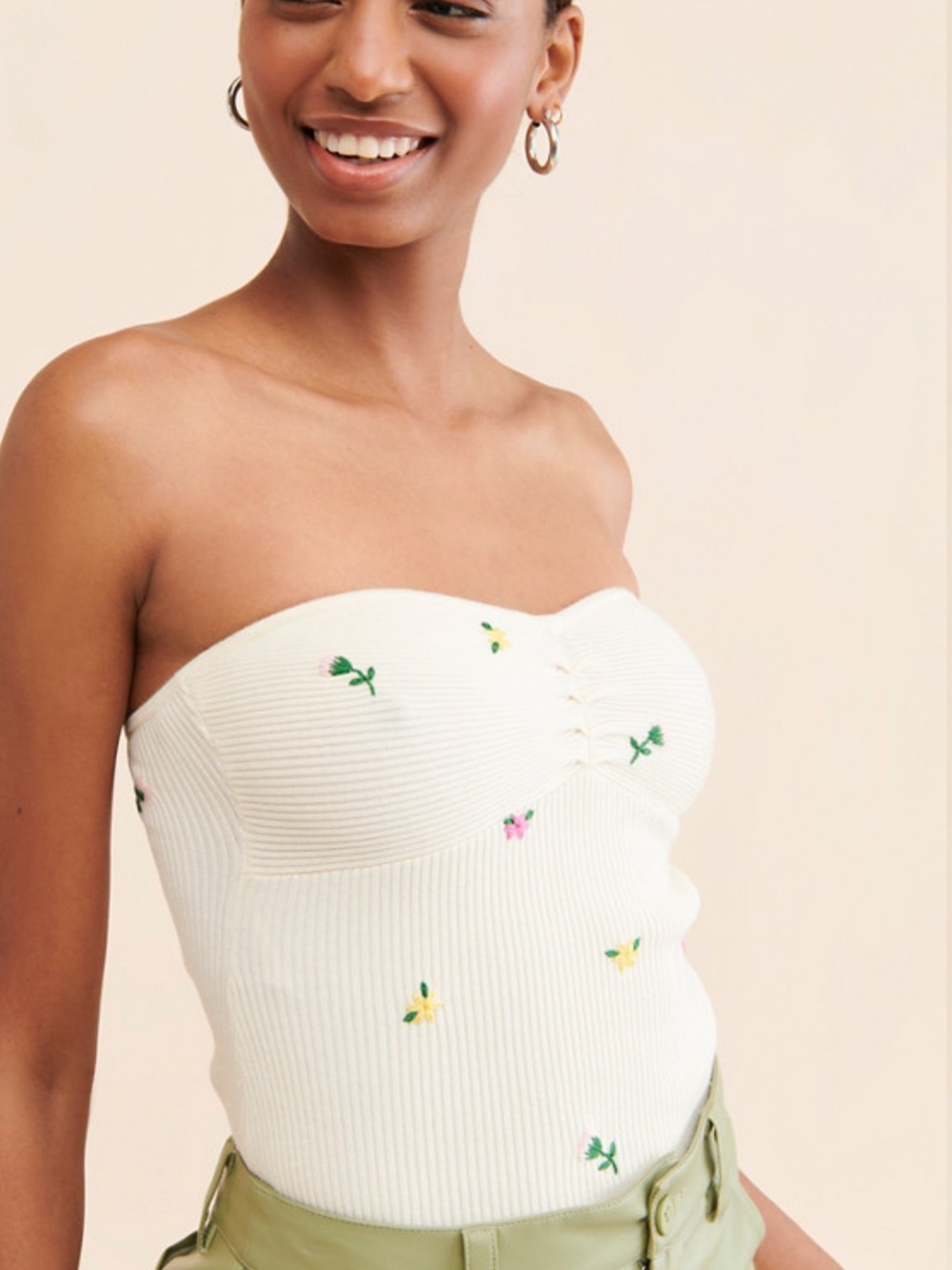 Strapless Cream Ribbed Knit Top with Embroidered Floral Detail